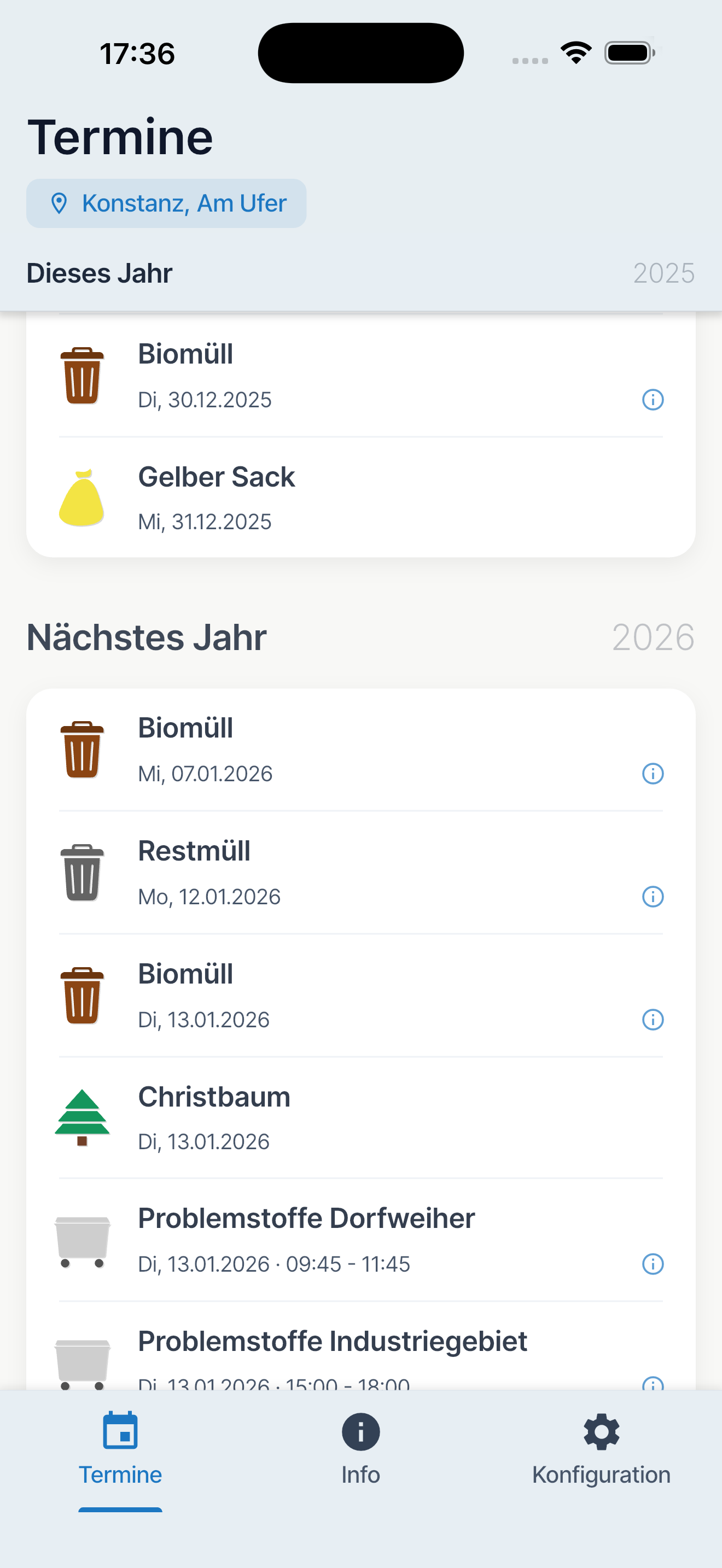Müllmann App – Abfuhrtermine für Konstanz mit farbcodierten Abfallarten