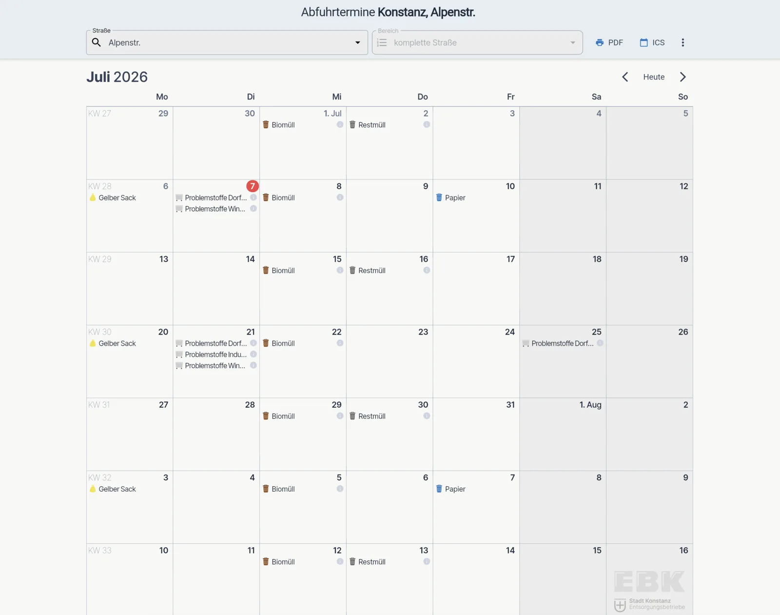Online-Kalender für Konstanz im Browser – Monatsansicht mit farbcodierten Abfallarten